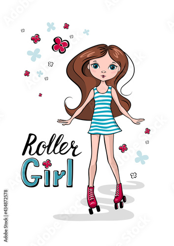 Cute girl is rollerblading. Clip Art. Cartoon design for printing t-shirts, badges, logos, labels or stickers. Vector illustration.