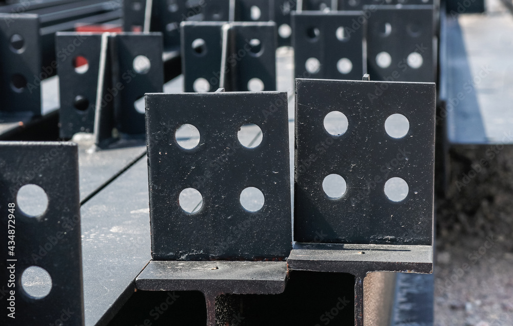 Steel beam fin plate drilling for bolted connection joints. Stock Photo Adobe Stock