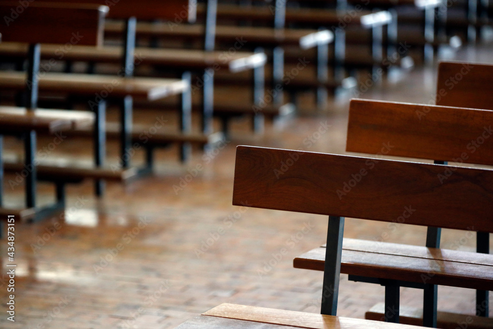 Saint Louis de Novel church.  Empty church pews.