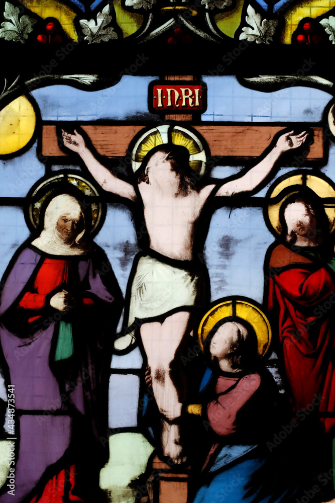 Cordeliers church.  Stained glass window.  Passion of Christ. The crucifixion. Jesus on the cross.  Lons le Saunier. France.