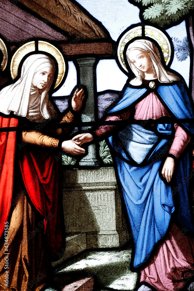 Cordeliers church.  Stained glass window.  The Visitation of the Blessed Virgin Mary is the visit of Mary with Elizabeth as recorded in the Gospel of Luke. . Lons le Saunier. France.