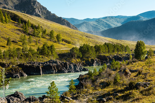 Russia, Altai beautiful mountain landscape. View of the river, mountains and forest