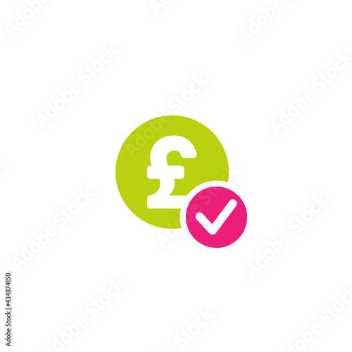 Green circle with pound sterling sign and pink circle with tick.