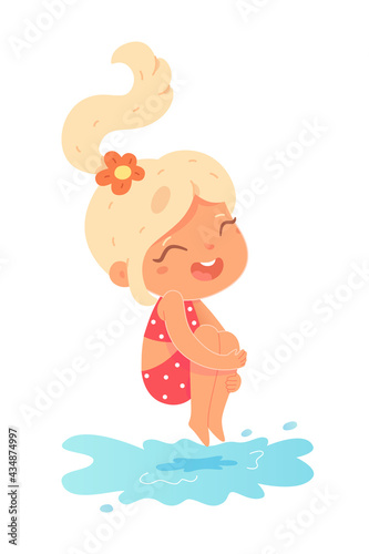 Kid jumping in pool at outdoor party. Girl diving into water to swim on vacation day. Summer resort beach scene vector illustration. Happy active child having fun on holiday.