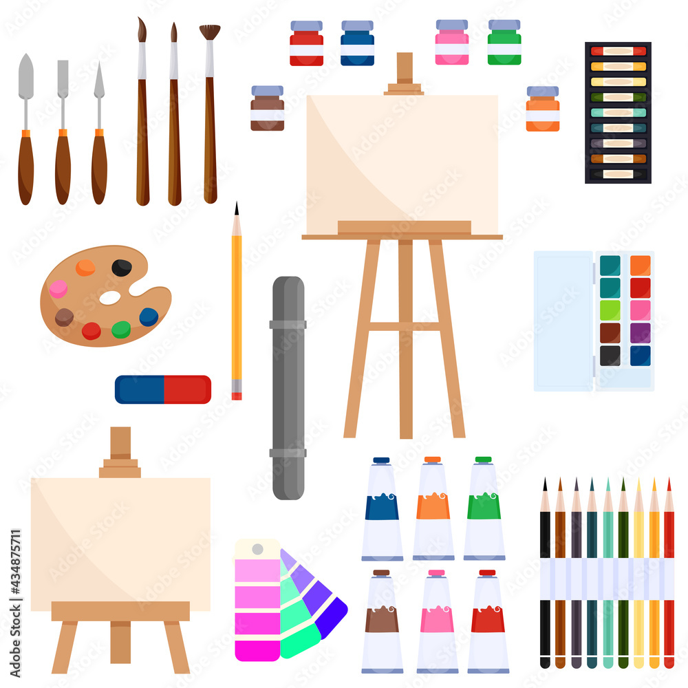 Drawing tools. Creative materials for an art workshop in a cartoon style.  Easel, canvas, pencils, brushes, palette, paint tools for watercolor  painting Stock Vector