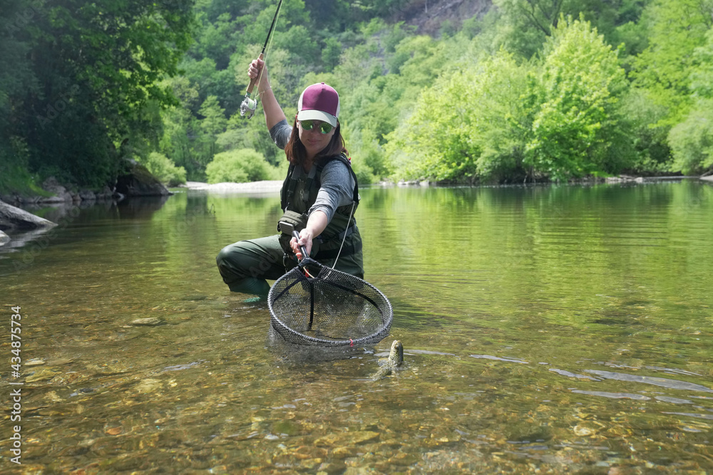 young woman fly fishing and catching a brown trout - obrazy, fototapety, plakaty 