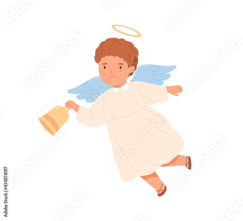 Cute happy angel flying and holding bell. Little boy with nimbus ringing handbell. Religious Christmas character. Colored flat vector illustration of peaceful child spirit isolated on white background