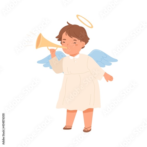 Cute angel with halo and wings blowing in trumpet. Herald boy holding music instrument. Childish colored flat vector illustration of little religious messenger isolated on white background