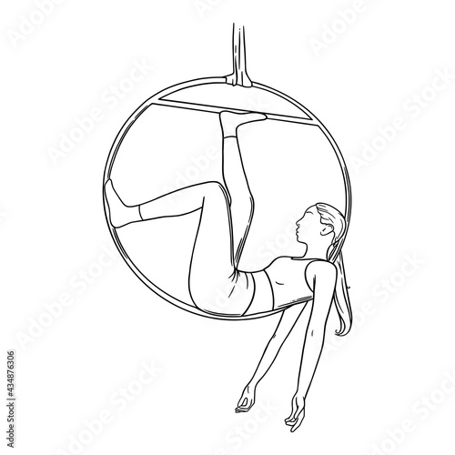 Circus aerialist in the hoop. Aerial woman acrobat in the hoop. Sketch vector illustration