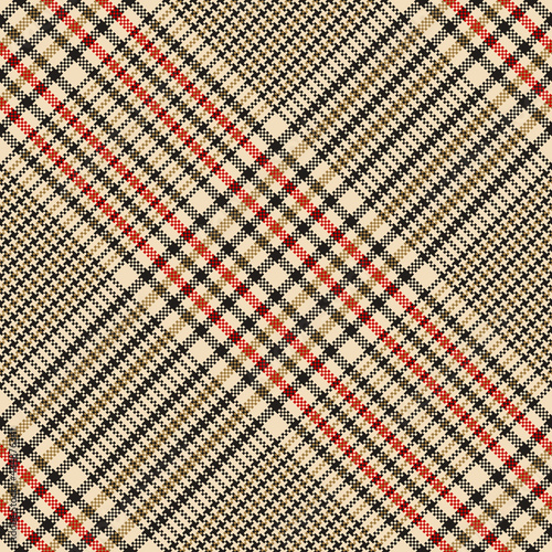 Check pattern glen in gold brown, beige, red, black. Seamless tweed pixel tartan plaid graphic for jacket, coat, skirt, dress, trousers, other trendy spring autumn winter fashion fabric design.