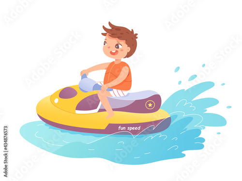Boy driving boat on water on summer vacations. Little child having fun on transport vehicle vector illustration. Kid spending holidays traveling to seaside on white background.
