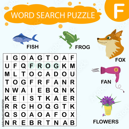 Vector educational game for kids. A puzzle for finding words starting with the letter F