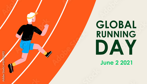 Global running day. A man in a sports uniform jogs through the stadium. Sport training. Vector illustration design with lettering for poster, banner, greeting card. Eps 10.