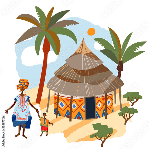 African tribal woman with child, hut in palm trees. Mother standing and holding hands with little kid near house vector illustration. Girl in dress with traditional elements and boy