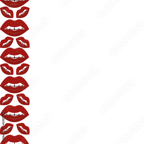 Lips. Kisses. Seductive mouth. Seamless vertical border. Repeating vector pattern. Endless seductive ornament. Isolated colorless background. Flat style. An even row of teeth with a gap in the middle.