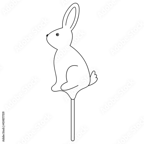 Rabbit. Hare. Lollipop candy. Sketch. Sugar caramel. Vector illustration. Coloring book for children. Sweet treat on a stick. Outline on white isolated background. Doodle style. 