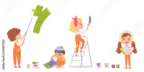 Kids painting wall set. Little children doing creative art with paints, brushes, roller, ladder, cans vector illustration. Group of happy girls and boy drawing on white background