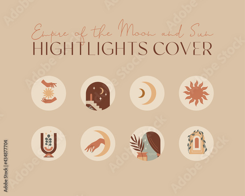 Vector set of round highlights covers, posts and stories for social media. Abstract doodle shapes, arch, hands, vases, flowers, sun, moon. Bohemian illustration in contemporary style.