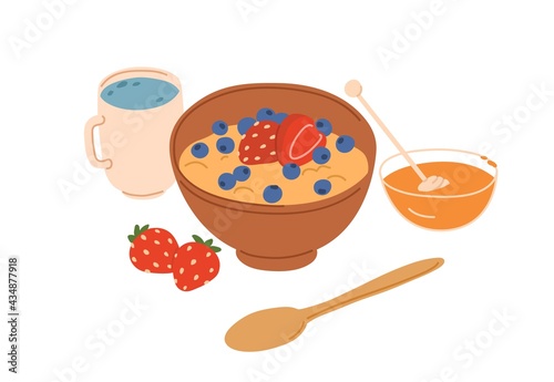 Bowl of porridge decorated with berries and natural honey for healthy breakfast. Tasty cereal served with blueberries and strawberries. Flat vector illustration of organic brunch isolated on white