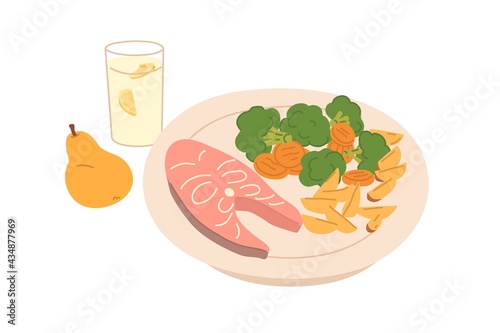 Salmon steak and steamed vegetables served on plate. Healthy food and drink for lunch, dinner or supper. Tasty balanced meal. Flat vector illustration of fish and veggie isolated on white background