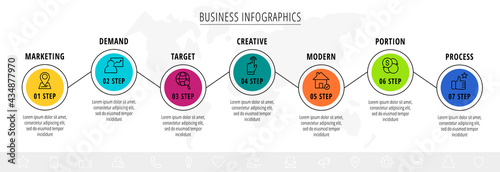 Modern and line vector infographic with icons and seven steps. Circles with thin lines for the application, website, interface, chart, levels, diagram, presentations on a white isolated background