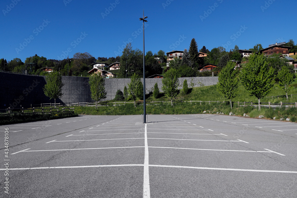 Coronavirus epidemic (COVID-19). Lockdown.  Empty Parking. Saint Gervais.