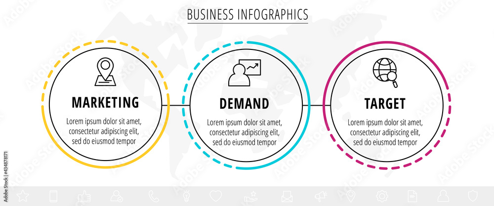 Vector infographics three circles with arrows. Line business concept of 3 steps, options. Infographic template for diagram, web, banner, presentations, flowchart, content, levels, chart Vector infographics three circles with arrows. Line business concept of 3 steps, options. Infographic template for diagram, web, banner, presentations, flowchart, content, levels, chart
