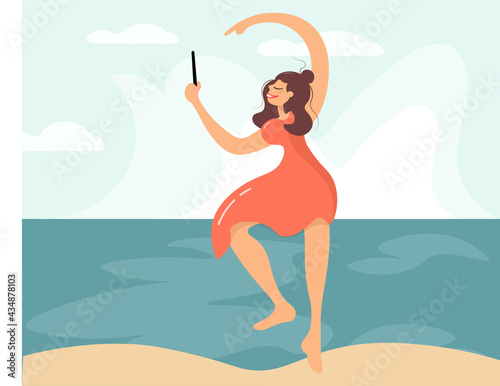 Cheerful girl dancing on the beach and taking a selfie. Funny woman with a smartphone. Summer vacation concept, travel. Poster or flyer design template with sexy girl at the sea. Vector. Flat style.