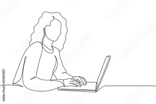 Continuous one line of confident business woman sitting at the laptop in silhouette. Linear stylized. Minimalist.