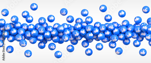 Get More Likes. Many flying blue balls with social media icons thumb up. Vector illustration