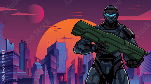 Futuristic Soldier in City Close-up