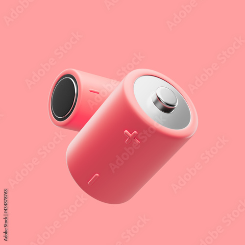 Battery icon simple 3d render illustration on red pastel background in light studio photo