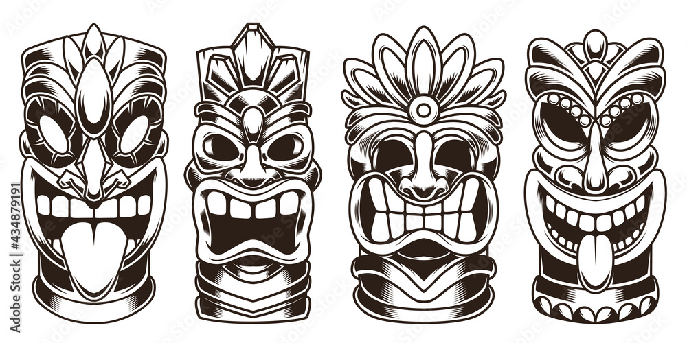 Set of tiki statues isolated on white background. Design element for logo, label, sign, emblem. Vector illustration Set of tiki statues isolated on white background. Design element for logo, label, sign, emblem. Vector illustration