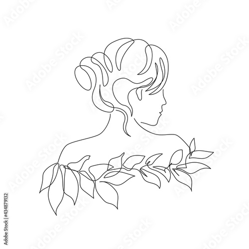 Woman with Leaves One Line Drawing. Continuous Line Woman and Leaves. Abstract Contemporary Design Template for Covers, t-Shirt Print, Postcard, Banner etc. Vector EPS 10.