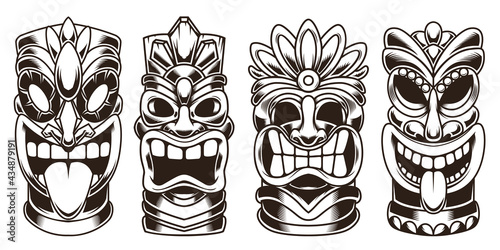 Set of tiki statues isolated on white background. Design element for logo, label, sign, emblem. Vector illustration