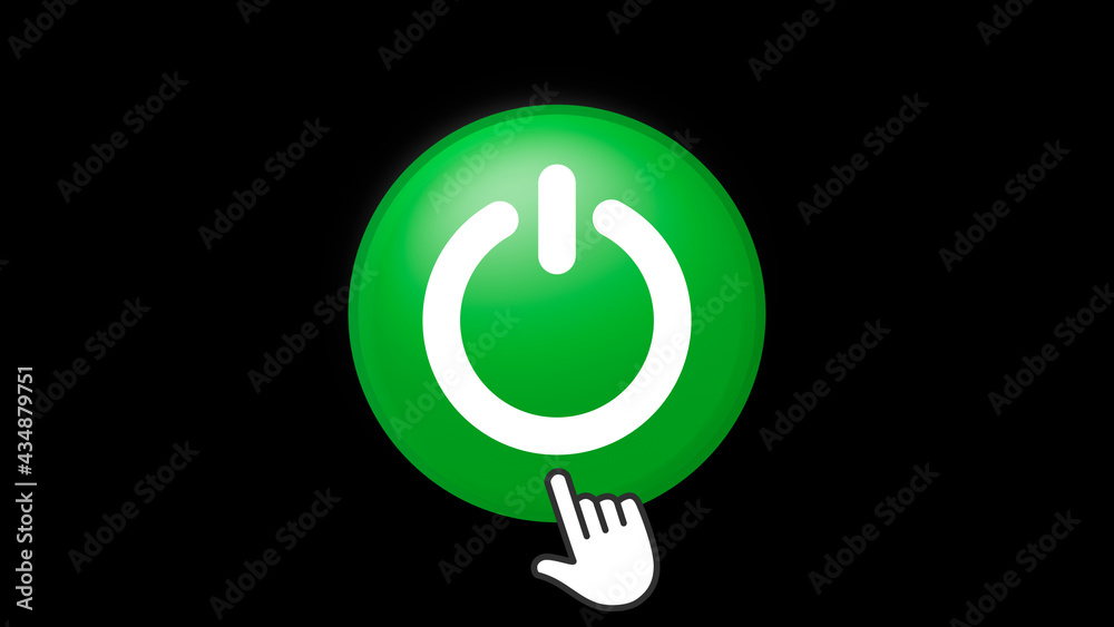 Green Power Button Click on Black Background Green Power Button Click on Black Background