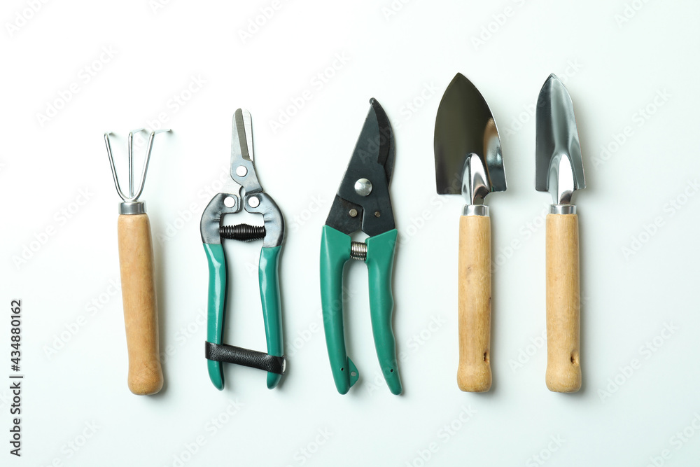 Gardening tools on white background, top view Gardening tools on white background, top view