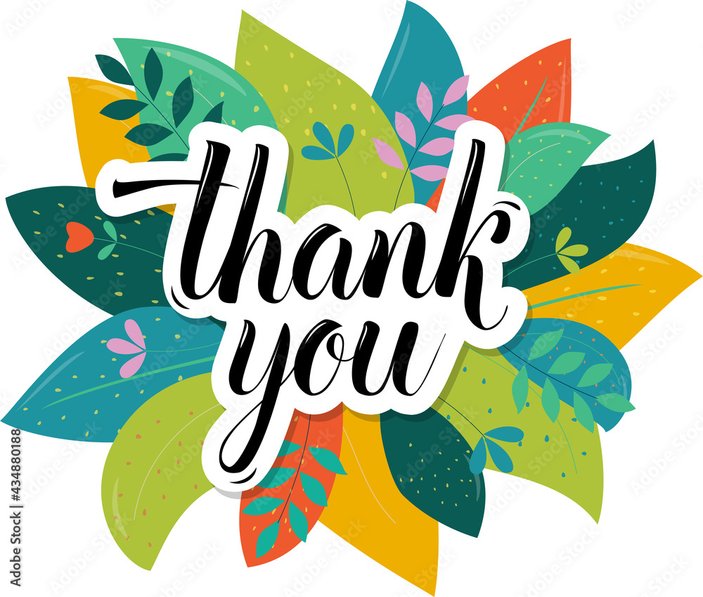 Obraz premium thank you vector lettering on tropical leaves background isolated