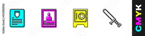 Set The arrest warrant, Wanted poster, Safe and Police rubber baton icon. Vector