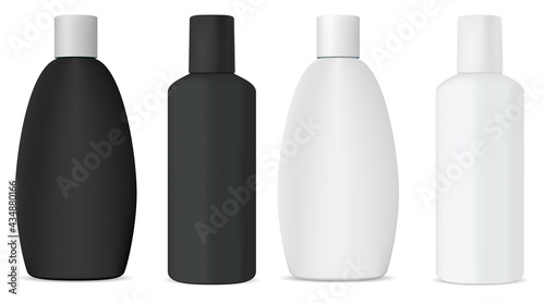 Cosmetic shampoo bottle white mockup, 3d vector design template. Isolated beauty product container for gel, liquid soap, realistic plastic template. Bathroom collection