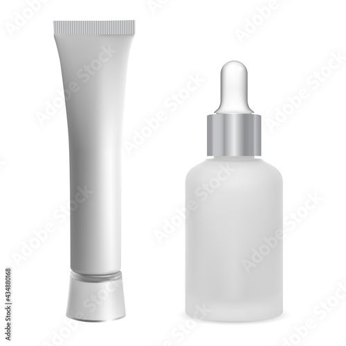 Cosmetic serum bottle with dropper. Ointment tube silver container 3d mockup. Essential oil vial, glass flask. eye drop jar, aroma essence liquid pot. Medical treatment