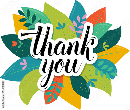 thank you vector lettering on tropical leaves background isolated