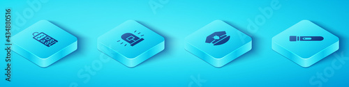 Set Isometric Dictaphone, Flasher siren, Flashlight and Police cap with cockade icon. Vector