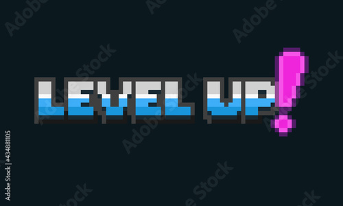 Pixel art "level up" text design in 80s retro style.