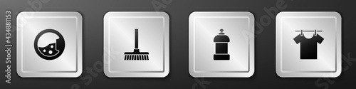 Set Washer, Handle broom, Bottle for cleaning agent and Drying clothes icon. Silver square button. Vector