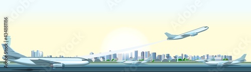 The passenger plane takes off. Airport outside. Runway. Towers and hangars. Against the backdrop of a large modern city. The beginning of a tourist trip. Illustration vector