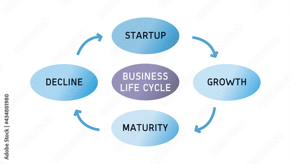 Business Life Cycle Startup Growth Maturity Decline Diagram Cycle on White Background Business Life Cycle Startup Growth Maturity Decline Diagram Cycle on White Background