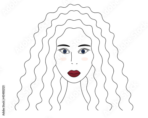 African American woman. Sketch. Lady's head with blue eyes. Vector illustration. The girl's face. Long curls, Afro hairstyle. Full lips, painted with scarlet lipstick. 