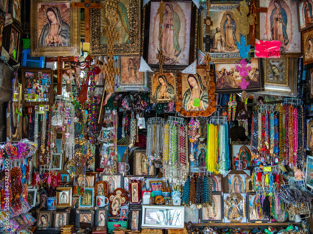 Souvenir shop selling religious items outside the Basilica of Our Lady of Guadalupe in Mexico City, Mexico.