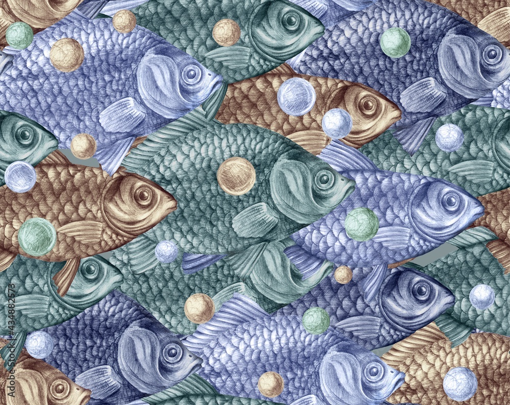Texture from hand drawn large fish with scales. Carps, perches and dorado in a seamless pattern for textiles and fashion designs Texture from hand drawn large fish with scales. Carps, perches and dorado in a seamless pattern for textiles and fashion designs